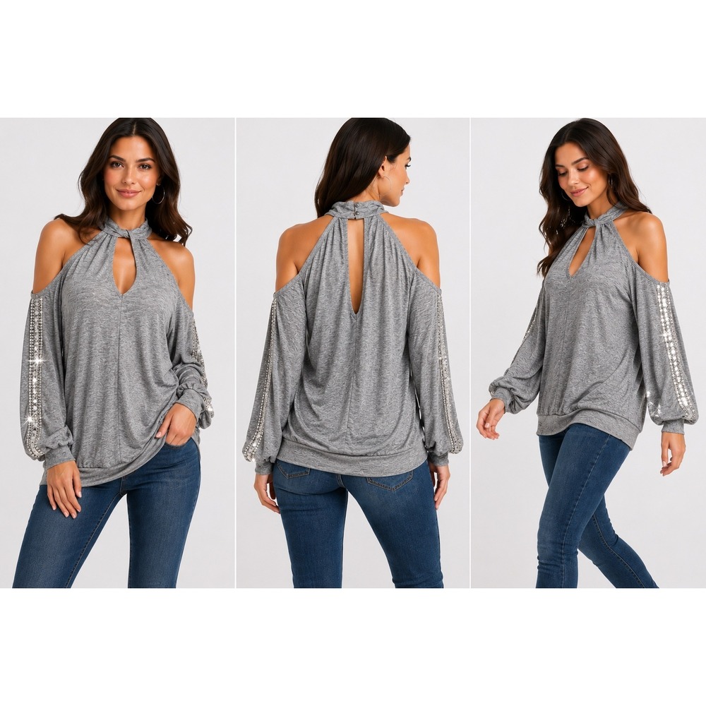 VENUS Cold Shoulder Top‎ Womens L Gray Rhinestone Keyhole Halter Long Sleeve